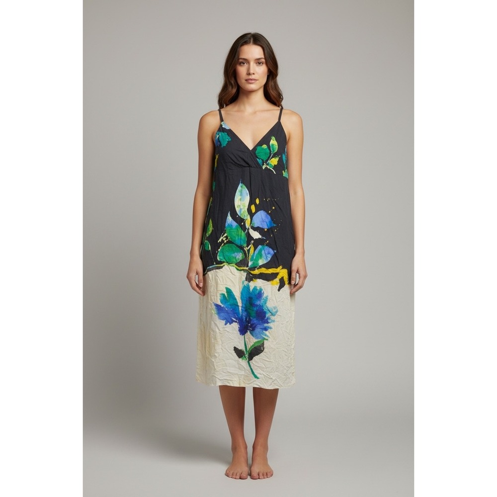 Jams World Sapphire Floral Maxi Dress Black Blue V-Neck Adjustable Straps M‎ Bod